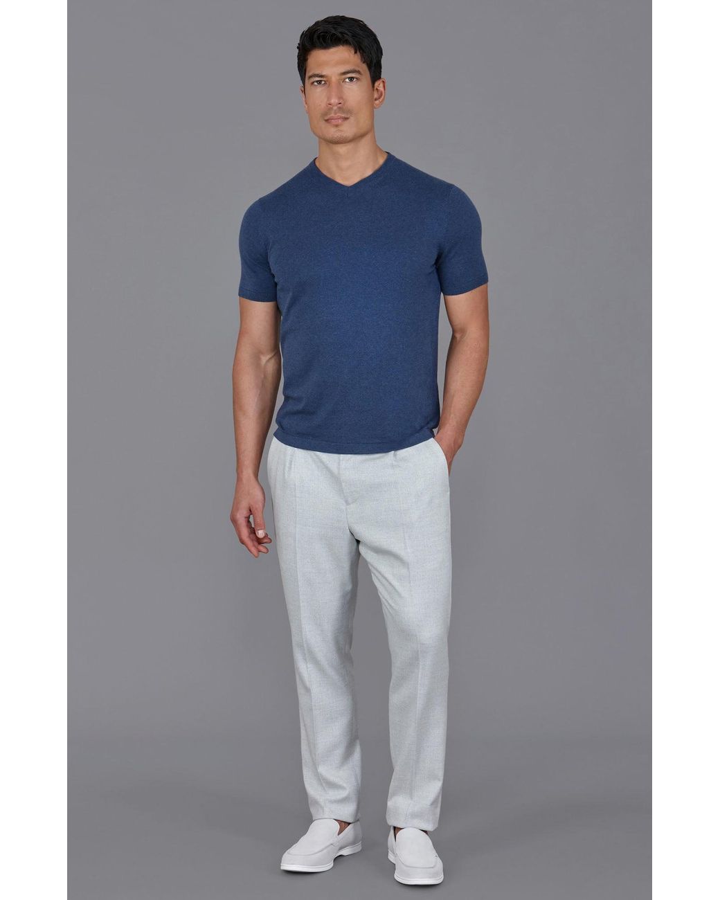 Paul James Knitwear Blue Ultra Fine Cotton Hudson High V Neck Knitted T-Shirt for men