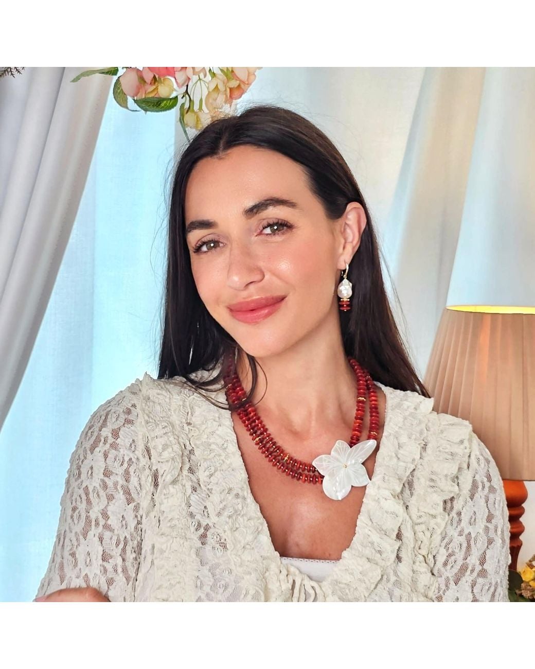 Farra White Baroque Pearl With Bamboo Coral Earrings