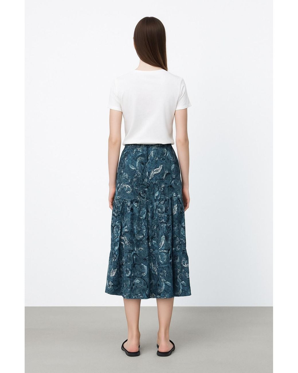 Conquista Blue Printed Viscose Midi Skirt With Tiered Hem
