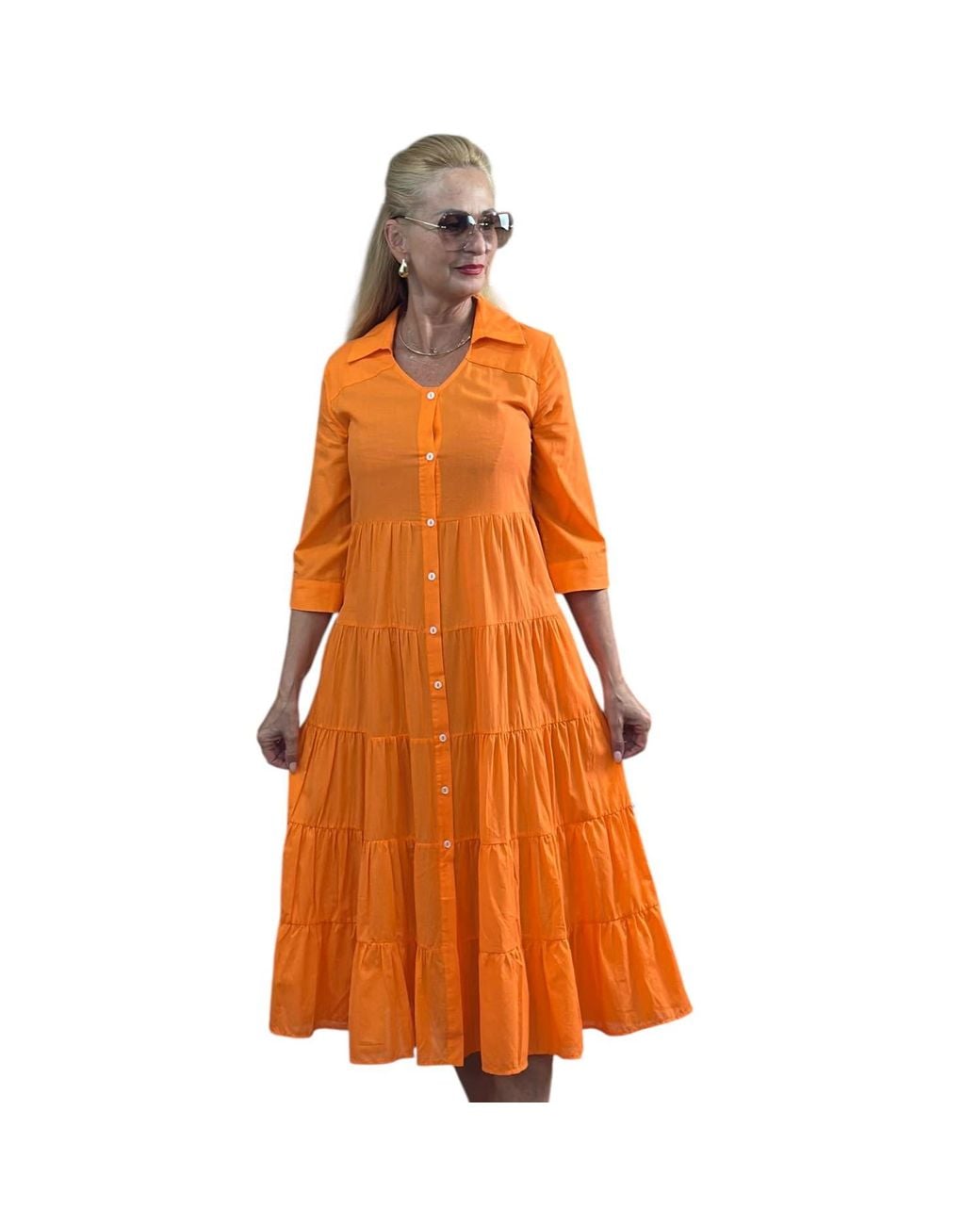 Perlavera Orange Oreo Solid Soft Cotton Three Quarter Sleeve Length Maxi Dress