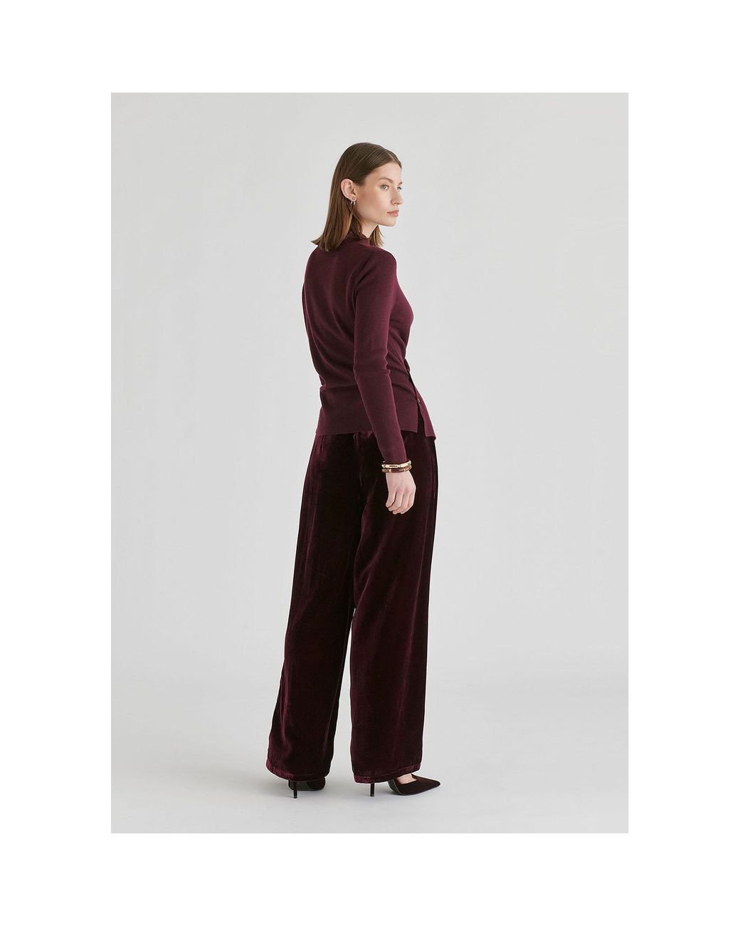 Paisie Purple Wrap Front Knit Top With Mock Neck And Button Detail