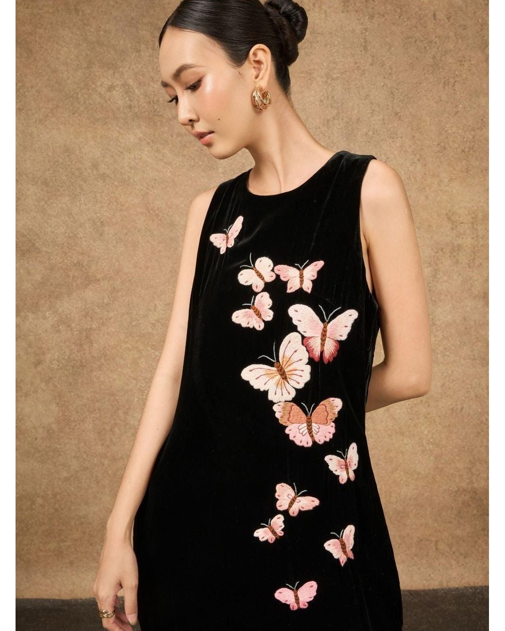 Silk and Bears Black Hand-Embroidered Butterfly Silk Velvet Maxi Evening Dress