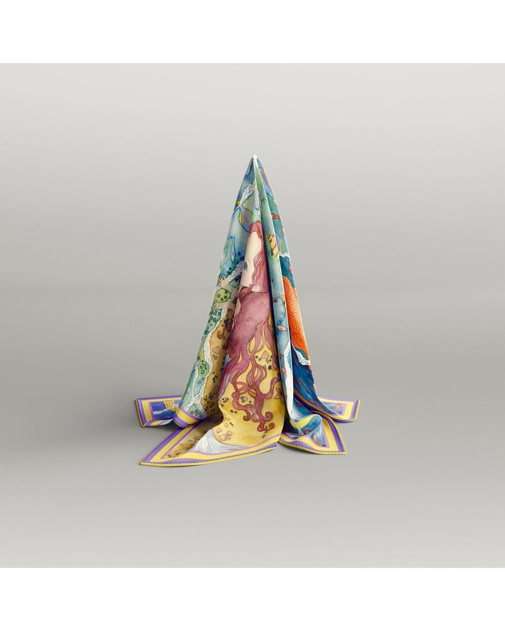 Wenzi Blue Aquatic Serenade Hand Painted Pattern Double Sided Silk Twill Scarf