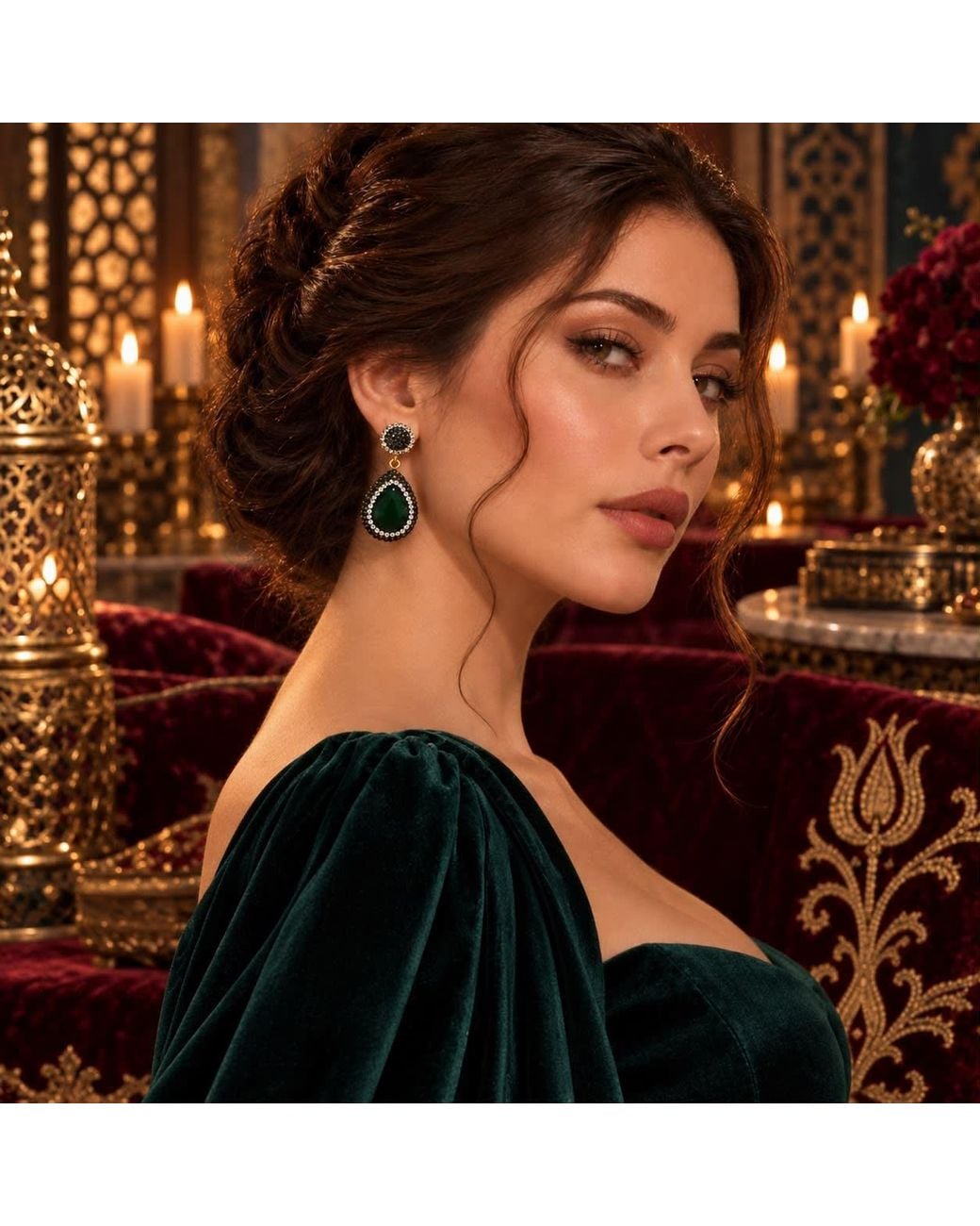 By Ozge Green Hürrem Palace Emerald-Effect Hand Embellished Ottoman-Inspired Drop Earrings