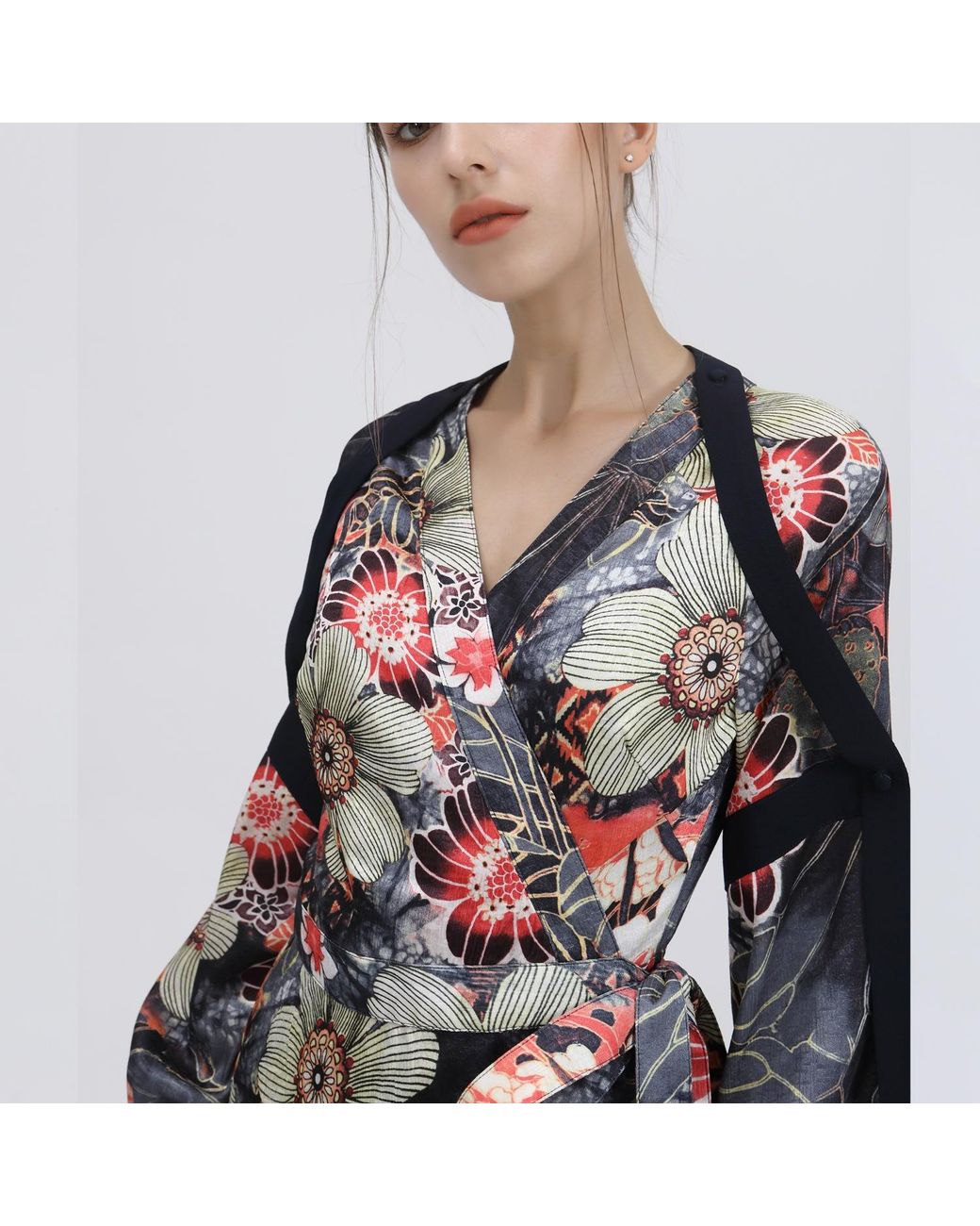 Smart and Joy Red Wrap Dress With Flower Print And Satin Bias