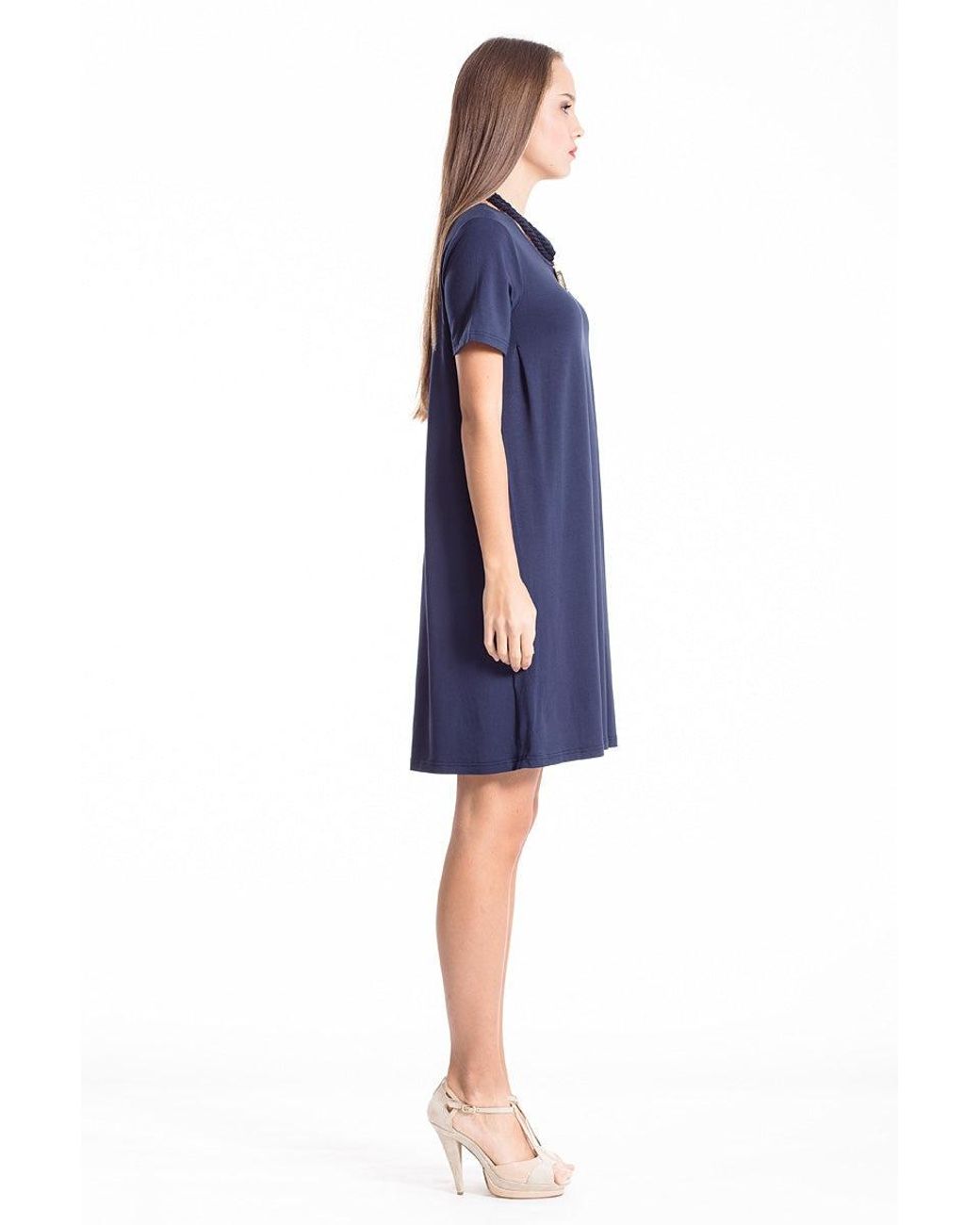 Conquista Blue Short Sleeve Pleat Detail Dress