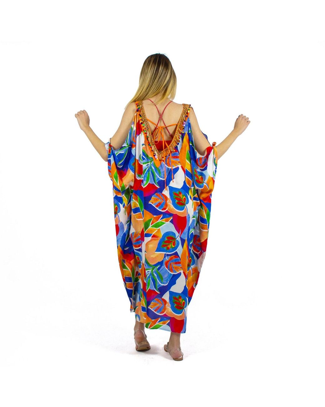 Lalipop Design Blue Colorful Leaf Print Open Shoulder Viscose Kaftan