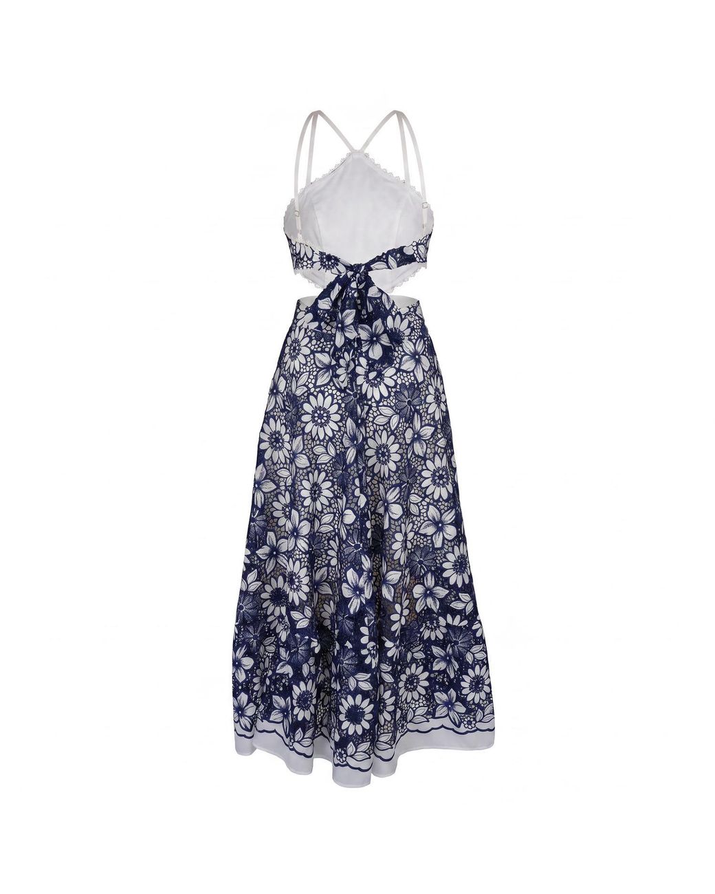 Modenaire Blue Halter Dress With Vintage Embroidery And Cutout Waist