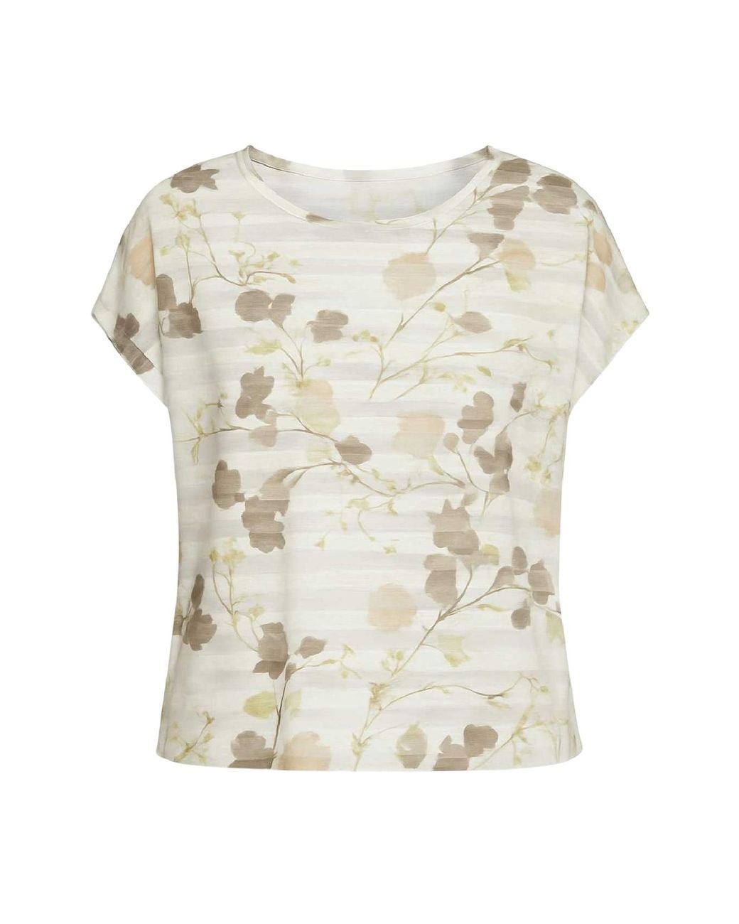 Conquista White Sheer Striped Jersey Top With Floral Print