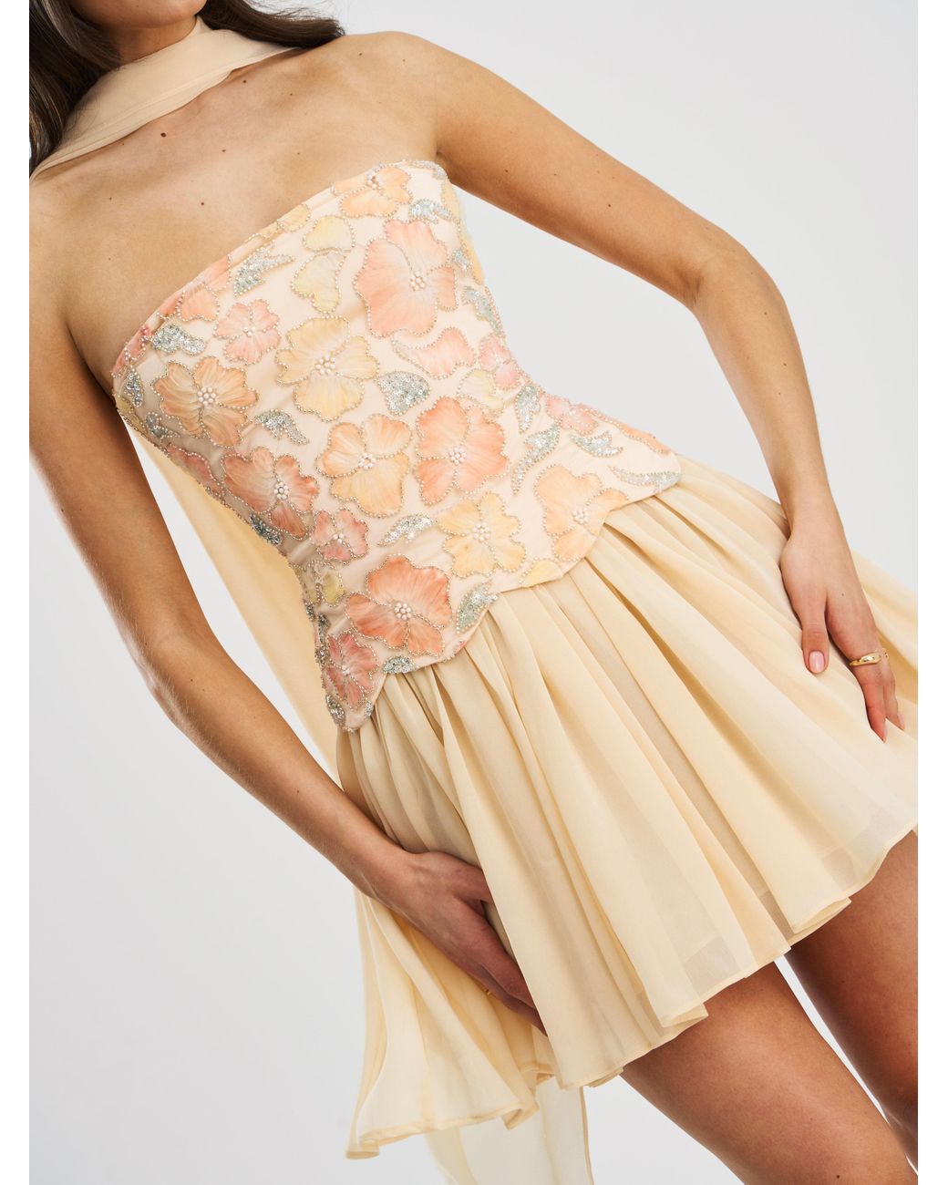 Miss Circle New York Natural Quanisha Beaded Floral Mini Chiffon Dress With Scarf