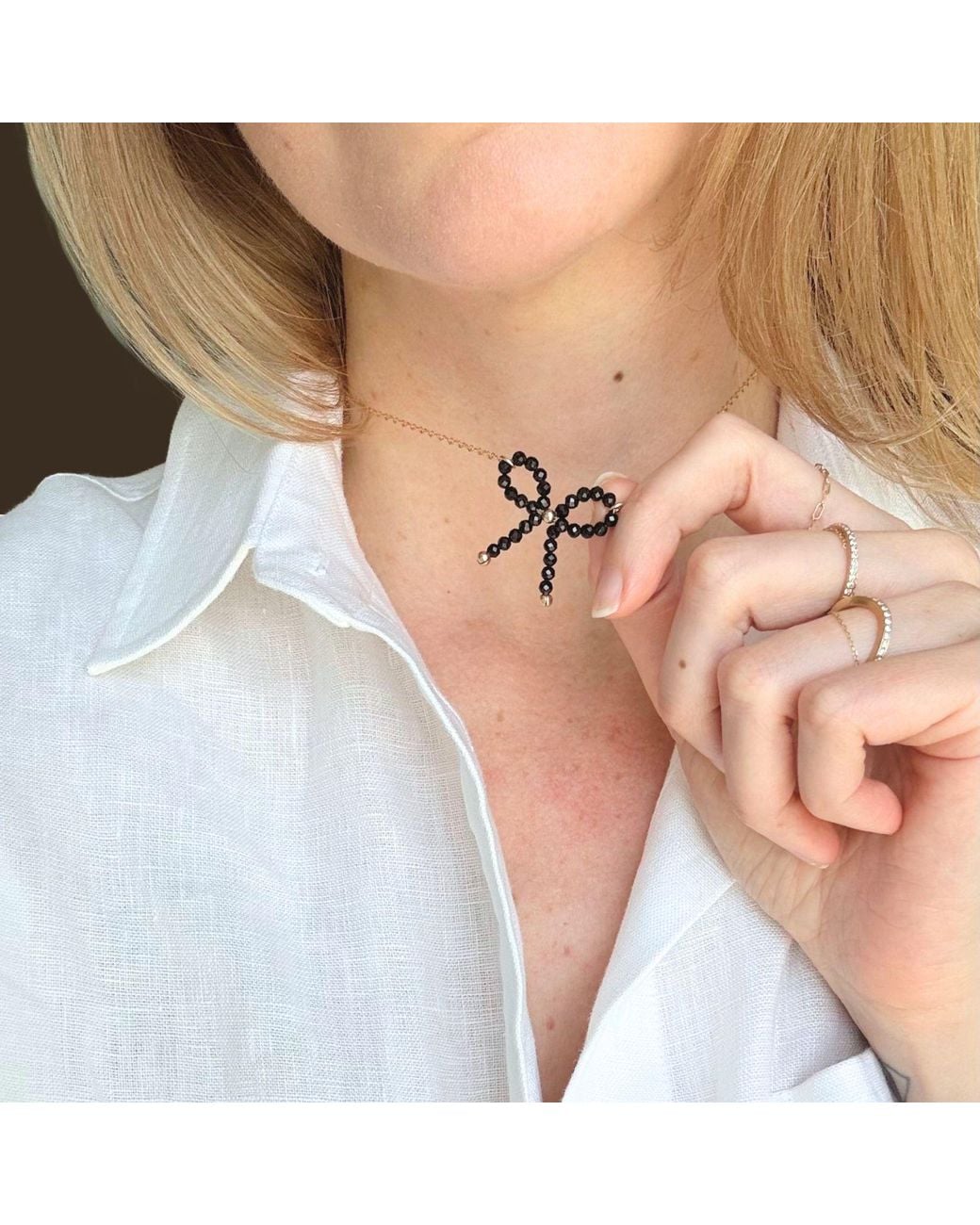 Herself Collections Black Spinel Bow Charm Necklace