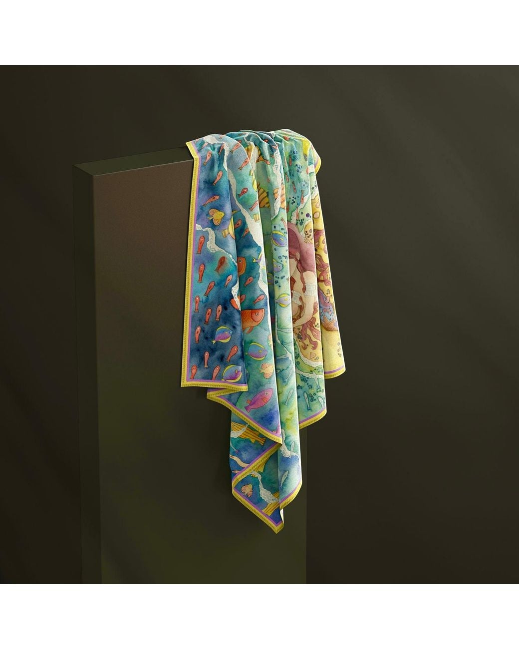 Wenzi Blue Aquatic Serenade Hand Painted Pattern Double Sided Silk Twill Scarf