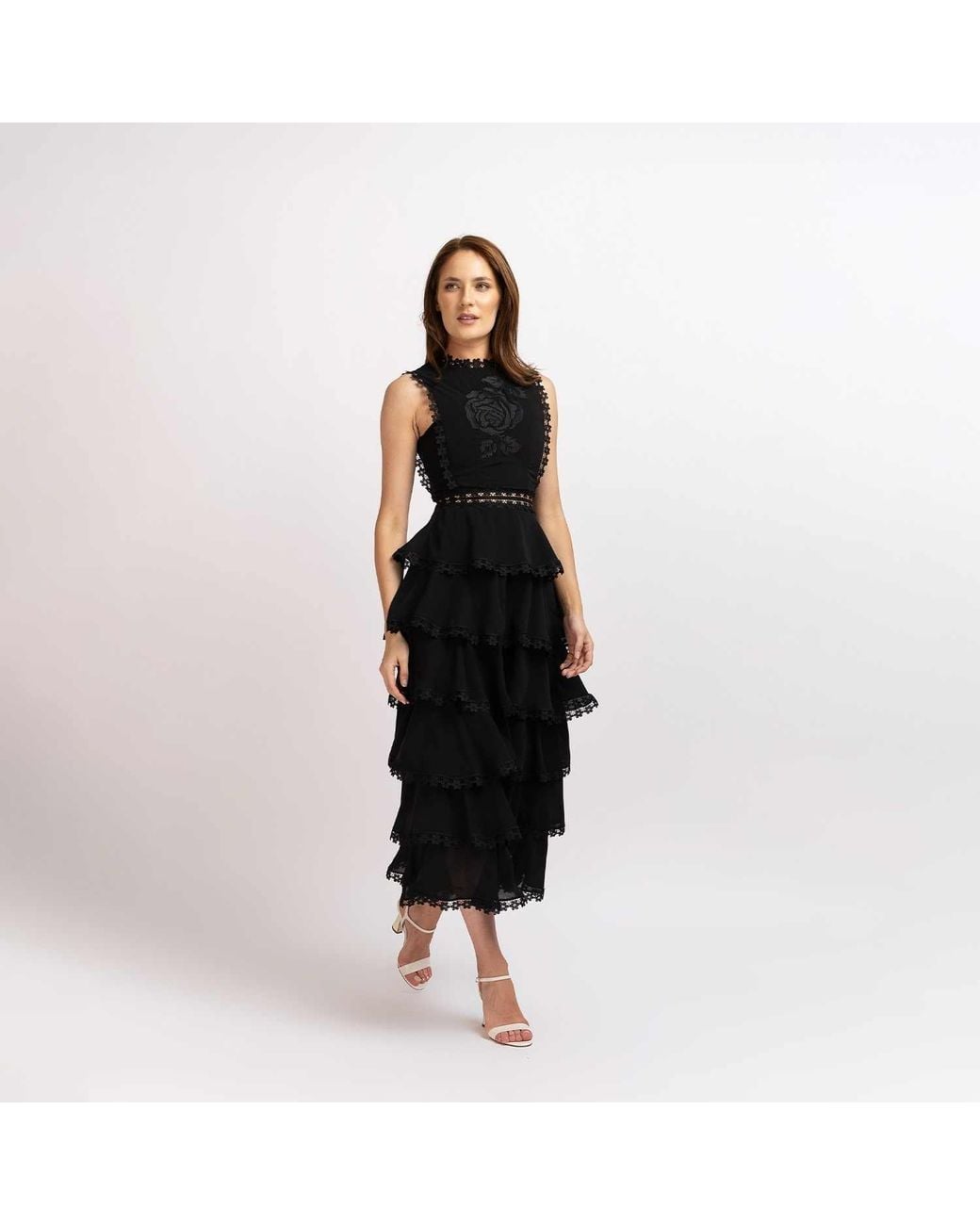 IZABELA MANDOIU Black Viscose Ruffle Midi Dress With Floral Lace
