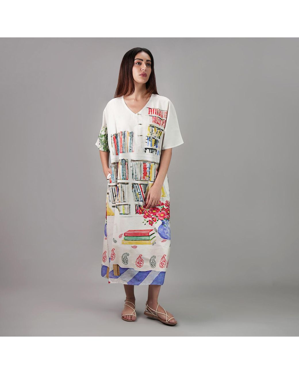 DHARA SHETH DUBAI White Abode Artistic Bookshelf Printed Kaftan Maxi Dress