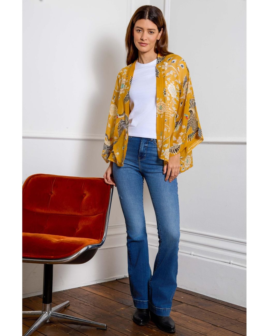 Artemis Muse Yellow Mustard Dynastic Bird Print Light Weight Kimono