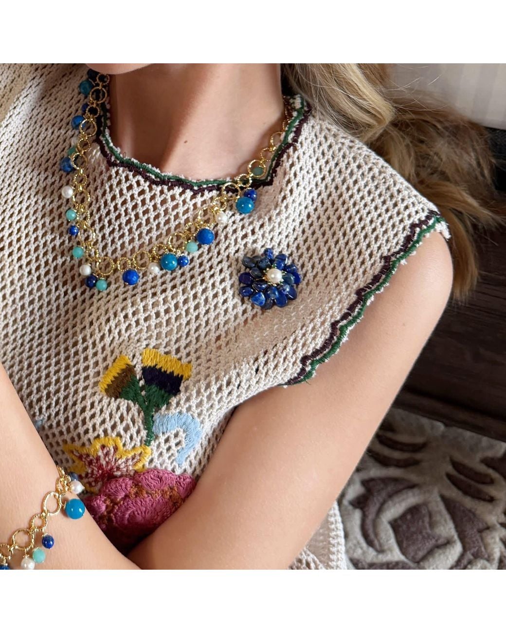 Farra Blue Handcrafted Flower Shaped Lapis Lazuli With Pearl Brooch