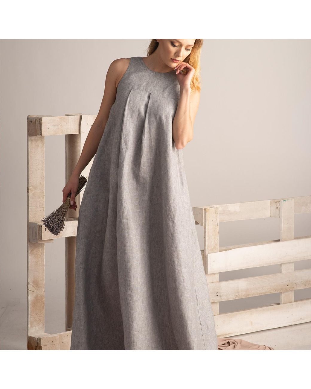 Nikka Place Gray Oversized Linen Kaftan Dress With Pockets