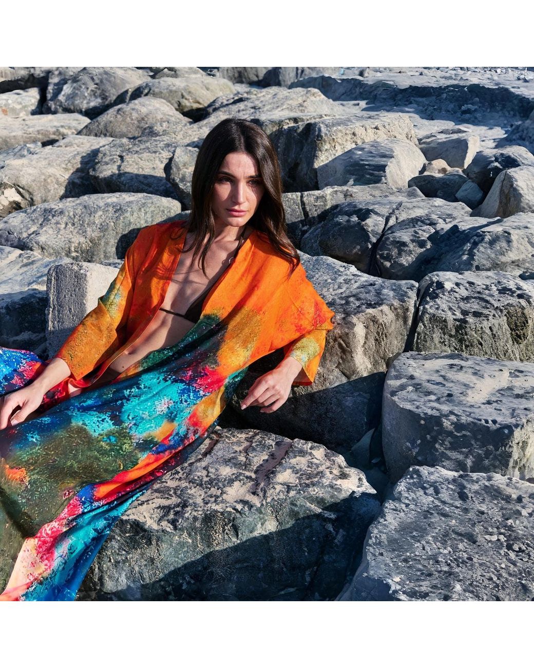 DHARA SHETH DUBAI Orange Canvas & Chaos Abstract Long Kimono
