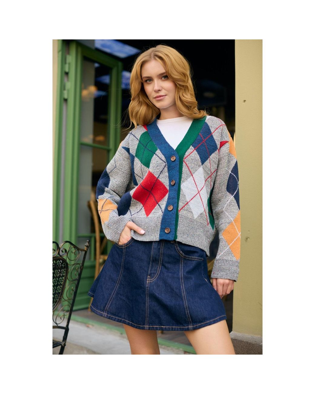 Saachi Blue Classic Colorful Argyle Cardigan