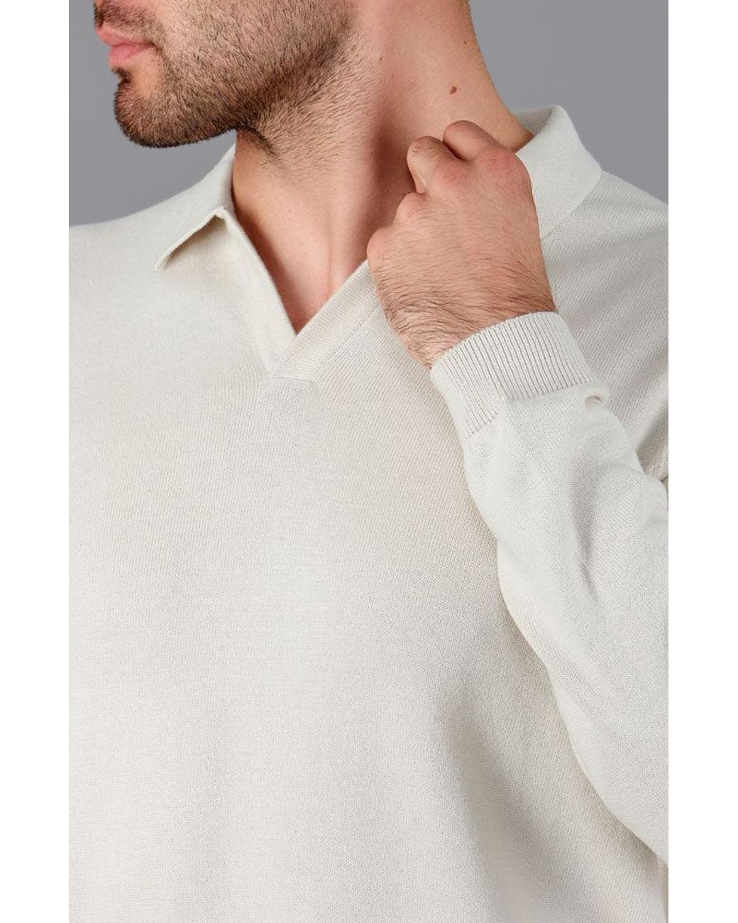 Paul James Knitwear Pink Neutrals Lightweight Cotton Lyndon Buttonless Polo Shirt for men