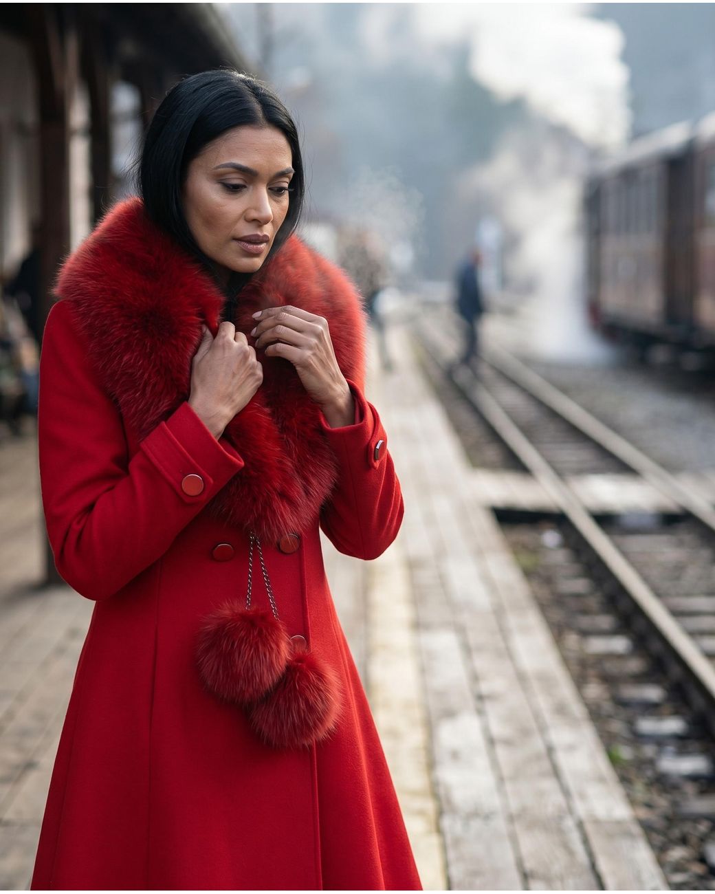 Luna Fashion House Red Wool Coat With Fur Collar, Lucy