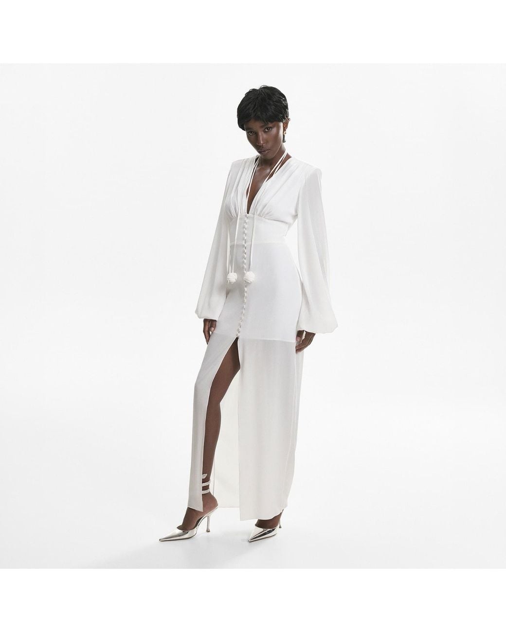 Lita Couture White Ample-Sleeve Maxi Silk Dress