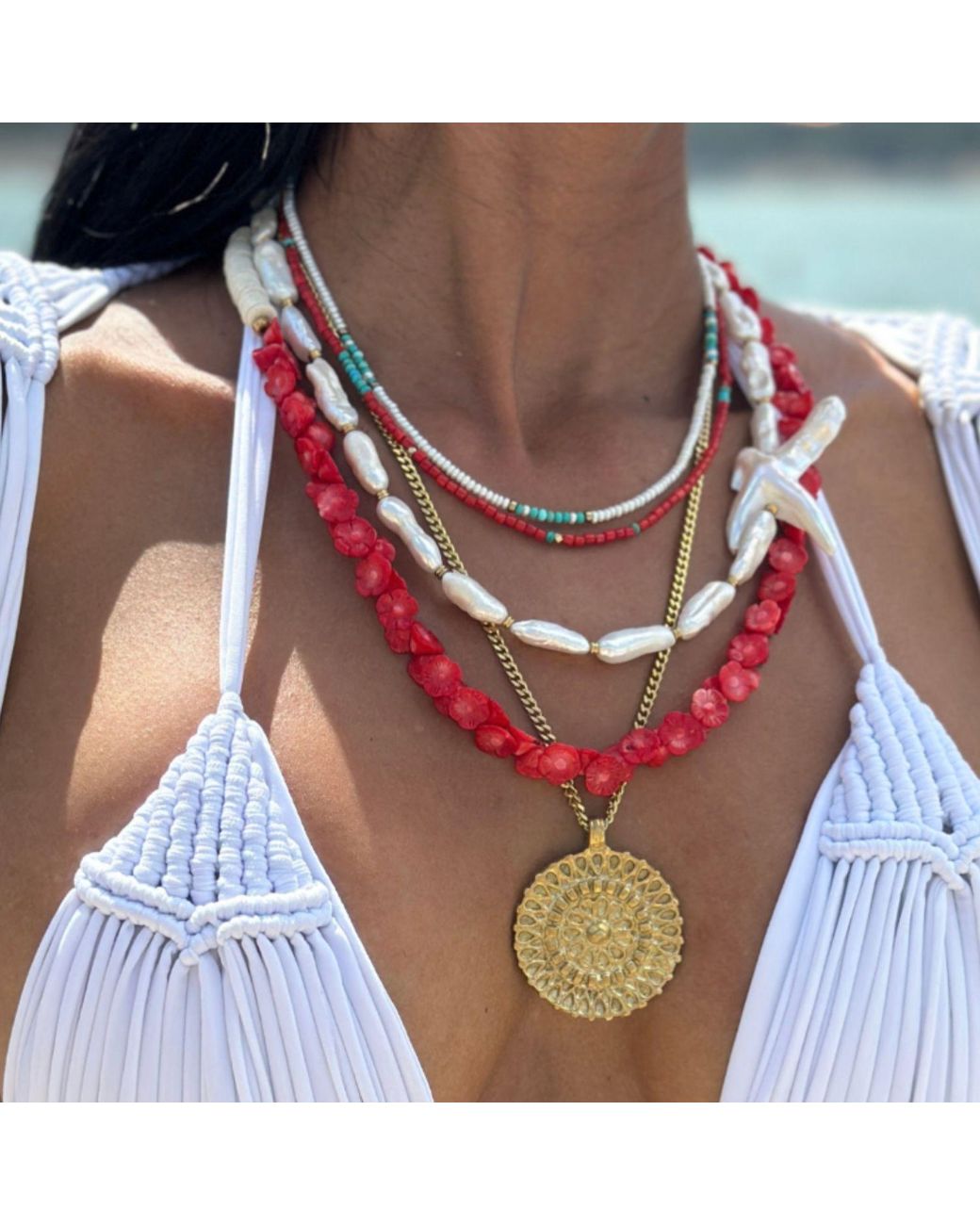 Rachel Nathan Red Bamboo Coral Floral Lei Necklace