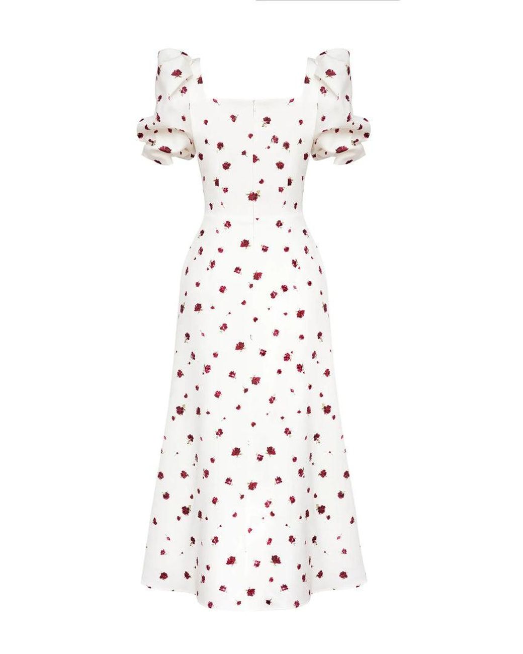 POST MERIDIEM White Printed Godet Silhouette Square Neck Midi Dress