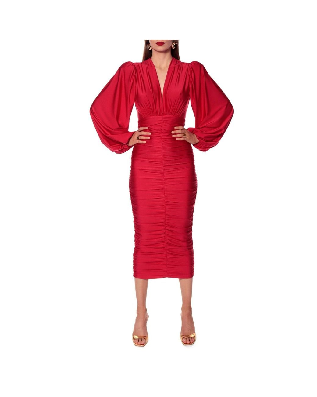 AGGI by HALEWSKI Red Gloria Long Sleeve Draped Dress