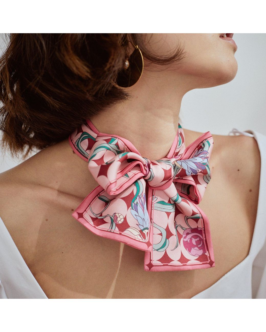 Lost Pattern Pink Dream Silk Twilly Neck Bow Scarf