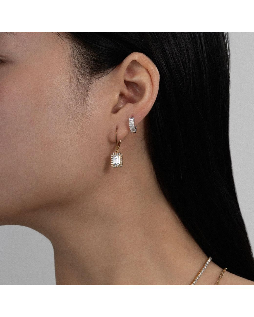 Diamonbliss Metallic Emerald Cut Halo Leverback Earrings, Two Carats