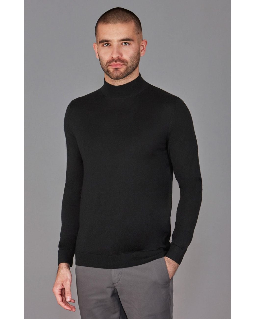 Paul James Knitwear Black Superfine Riccardo Merino Silk Mock Turtle Neck Jumper for men