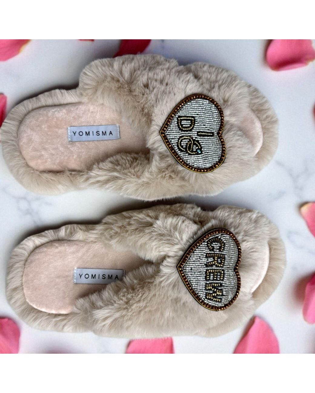 Yomisma Metallic Neutrals Eco Faux Fur Slippers – Recycled Faux Fur + I Do Crew Wedding Removable Hand Beaded Brooches