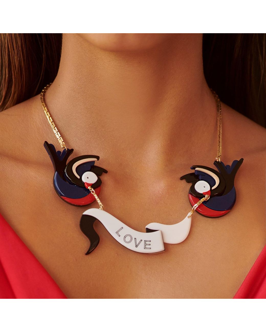 Gissa Bicalho Black Handmade Acrylic Necklacce Swallows And Ribbon