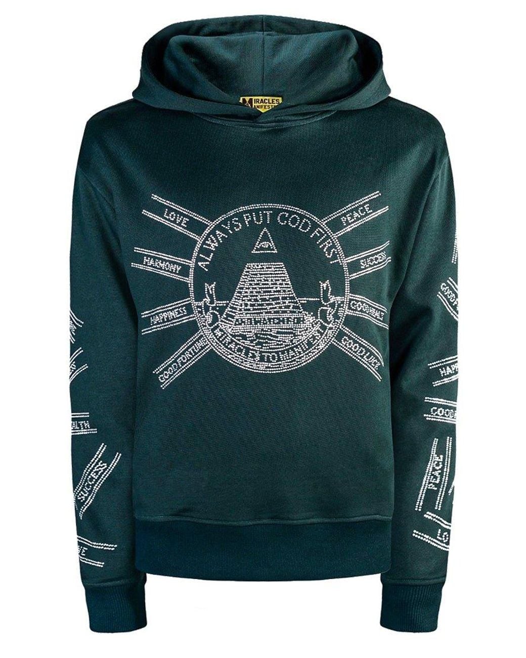 Miracles Manifester Green God First Affirmation Hoodie With Rhinestone Design