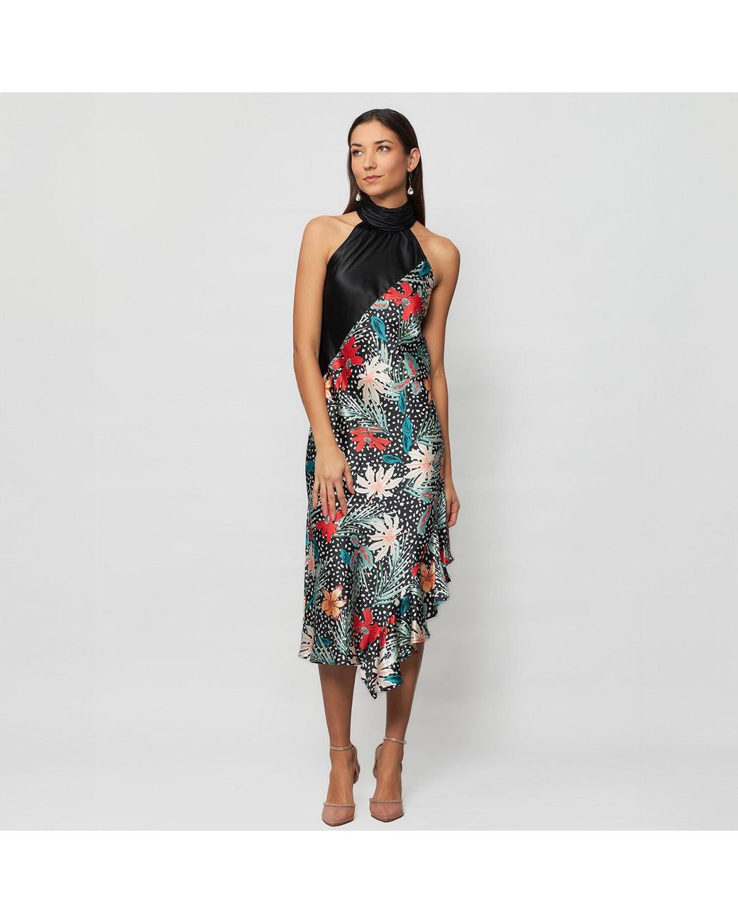 Solgo Atelier Blue Yera Sleevless Floral Printed Silk Midi Dress With Contrasting Gathered Mock Neck And Stylized Side Ruffle Slit