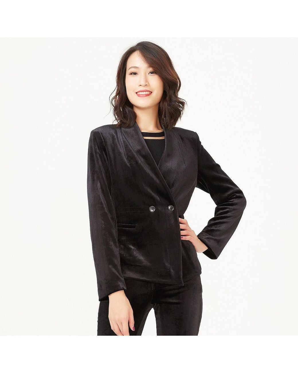 Smart and Joy Black Velvet Jacket With A Flat Neckline