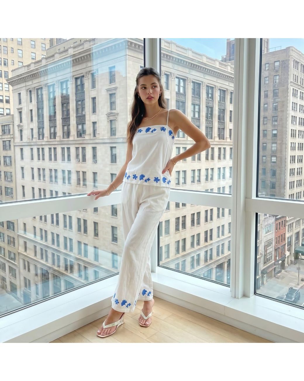 Modenaire White Floral Embroidered Two-Piece Set With Camisole And Wide-Leg Pants