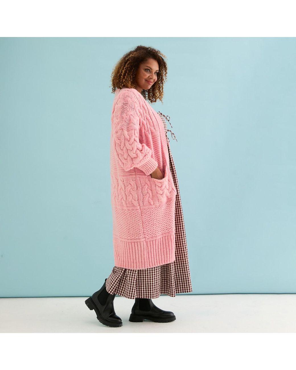 Cara & The Sky Pink Alex Balloon Sleeve Cable Maxi Cardigan