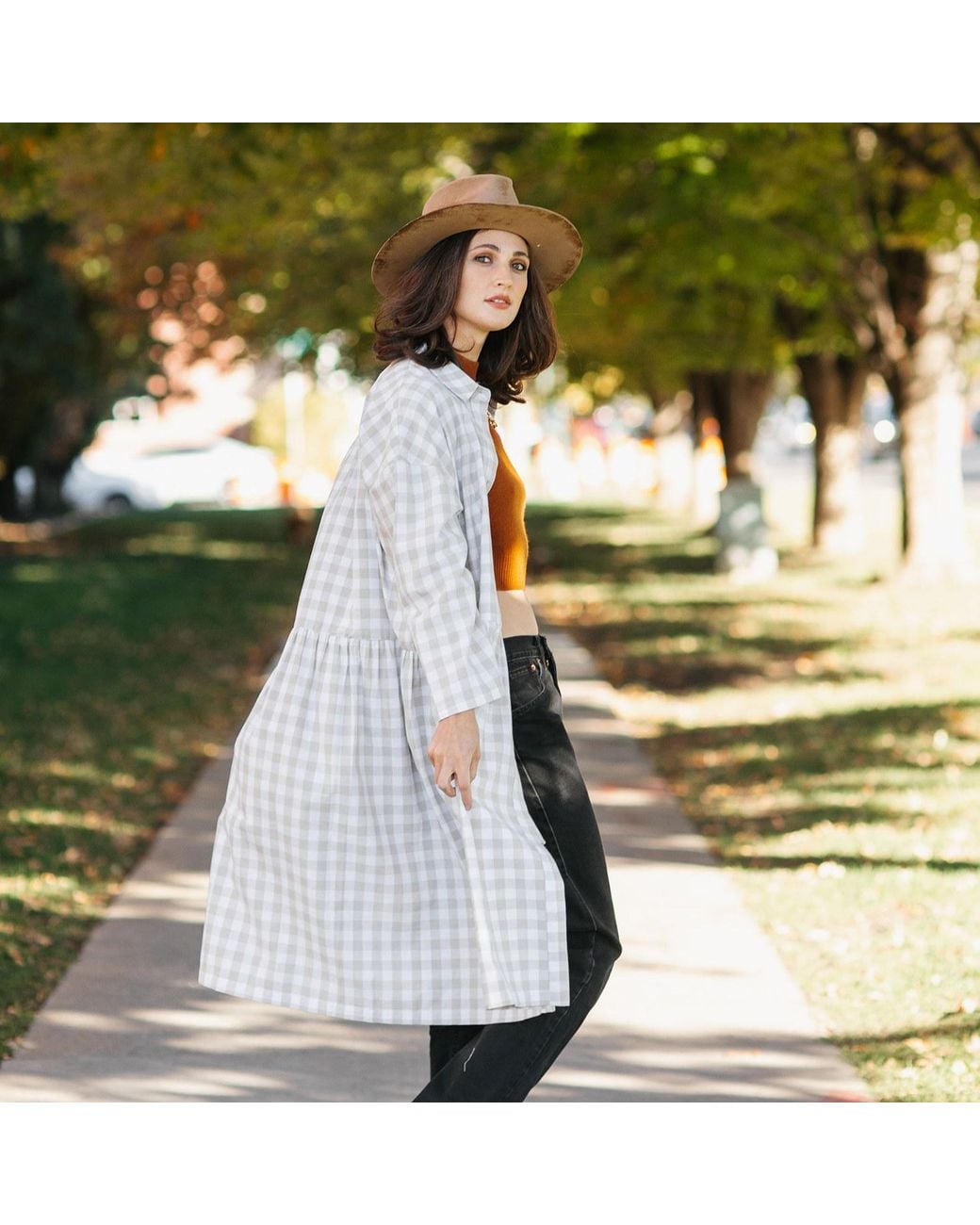 Zenzee Gray Neutrals Cotton Linen Gingham Shirt Dress Natural