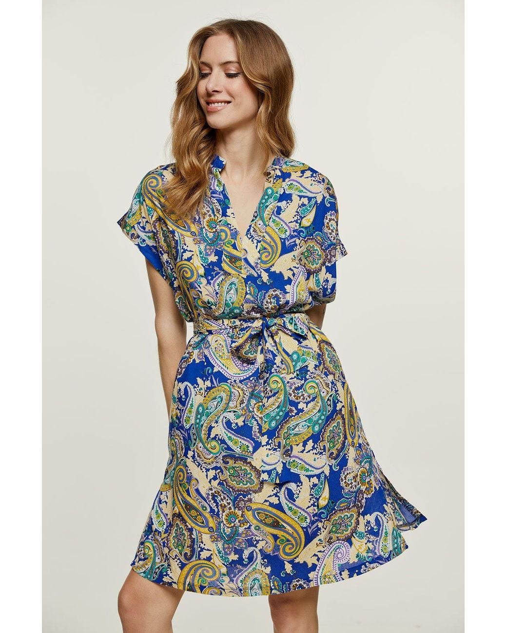 Conquista Blue Paisley Print Dress With Slits