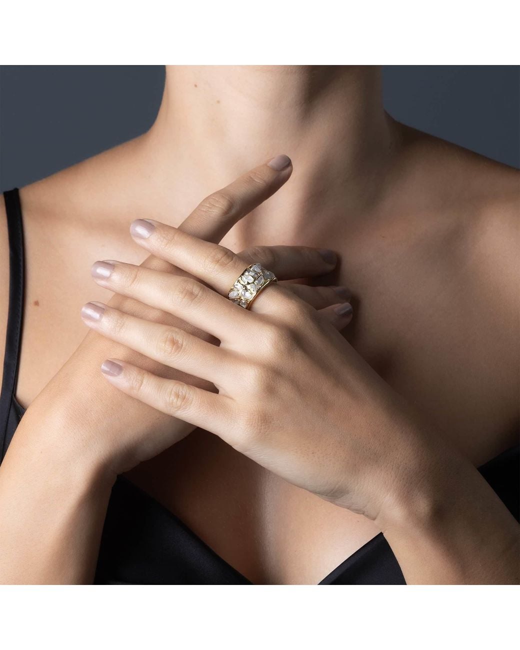 German Kabirski Metallic Thia Handcrafted Plated Barrel Ring With Raw Natural Zircon Mosaic