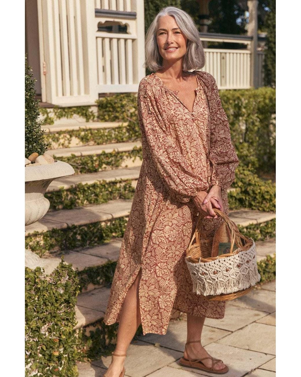 Adrift Clothing Red Neutrals Arden Button Sleeve Dress