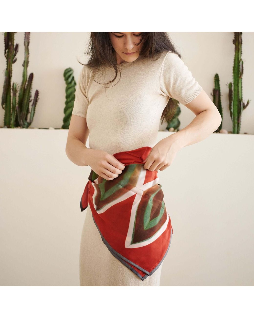 Variously Red Fawn Geometrical Print Shibori Square Silk Scarf