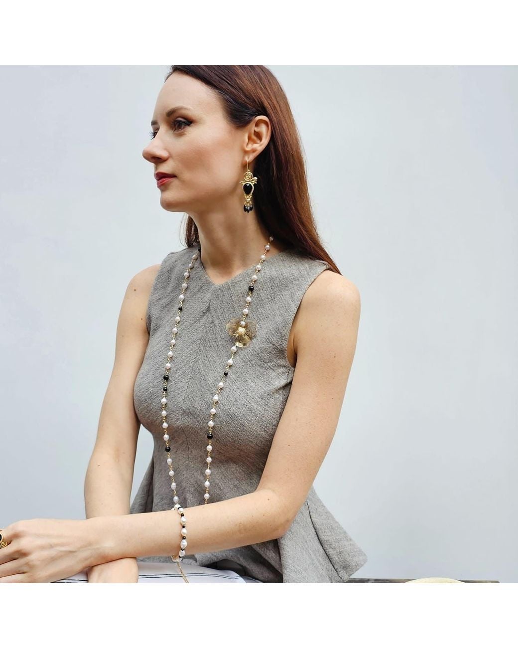Farra White Freshwater Pearls And Obsidian With Flower Charm Long Necklace