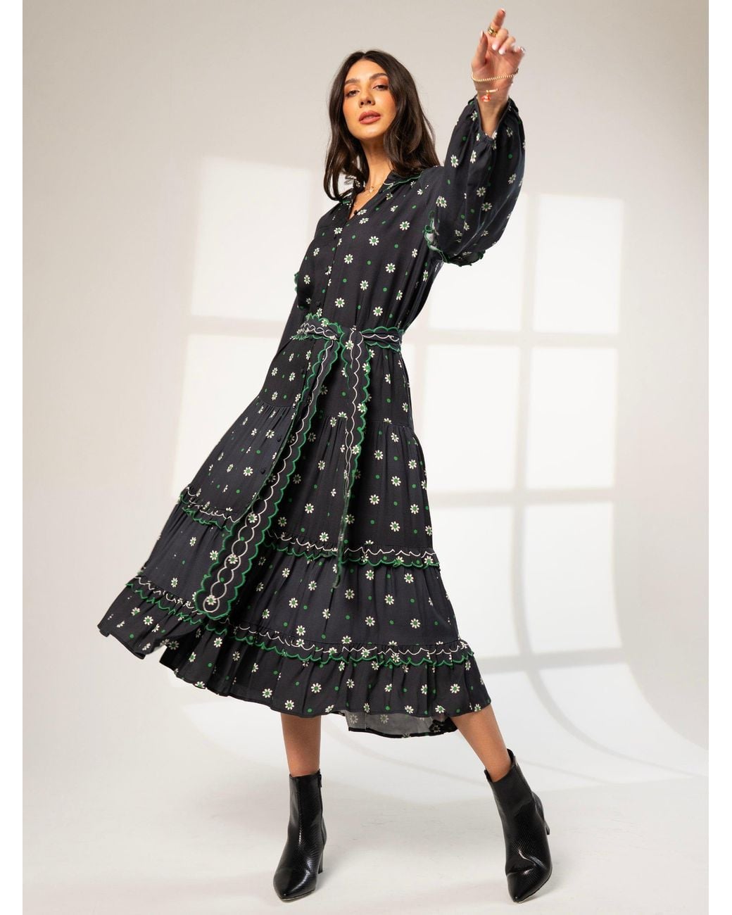 Rose & Nancy Black Joyce Daisy Polka Dot Midi Shirt Dress