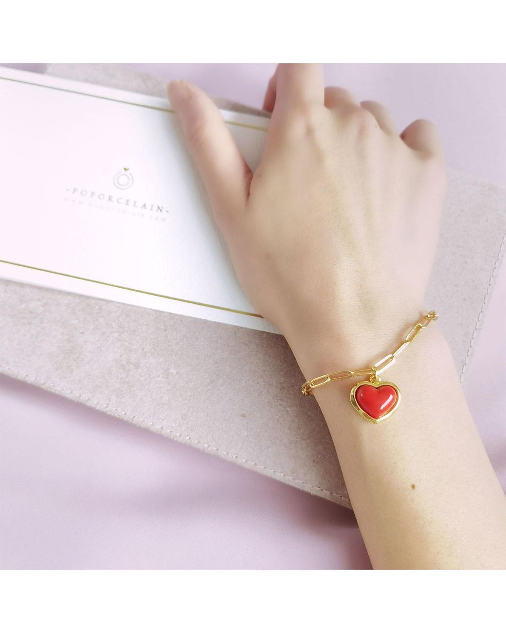 POPORCELAIN Brown Porcelain Heart Charm Bracelet