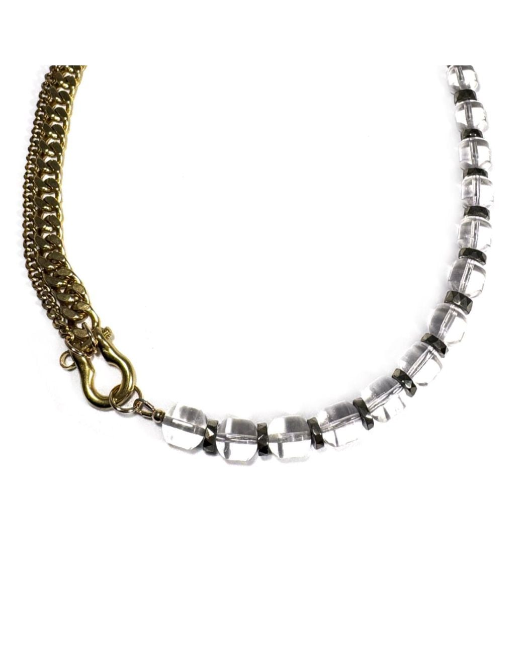Rachel Nathan Metallic Shackle Duo: Rock Quartz & Pyrtie Necklace