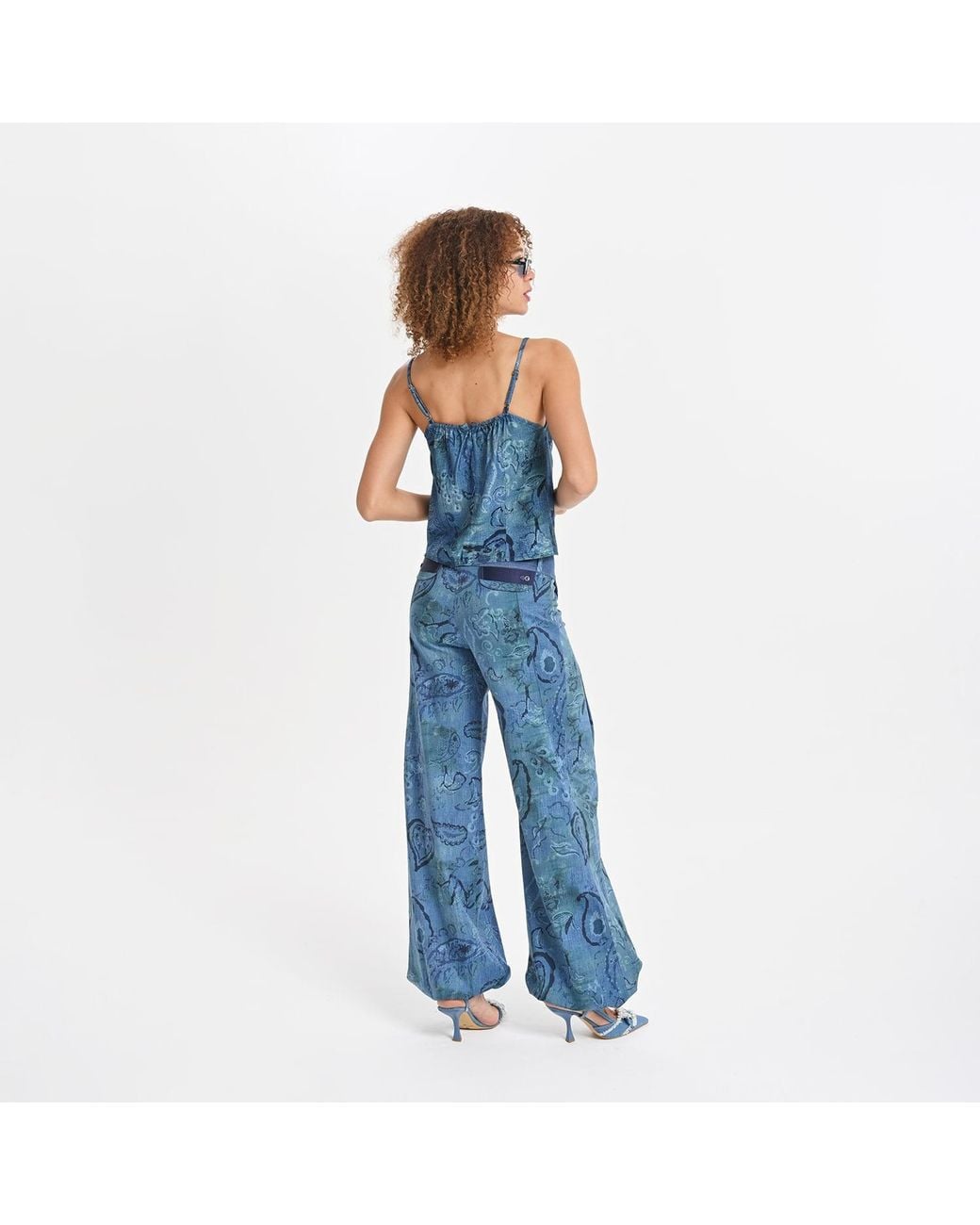 Lalipop Design Blue Stylised Floral Denim-Look Wide-Leg Pants