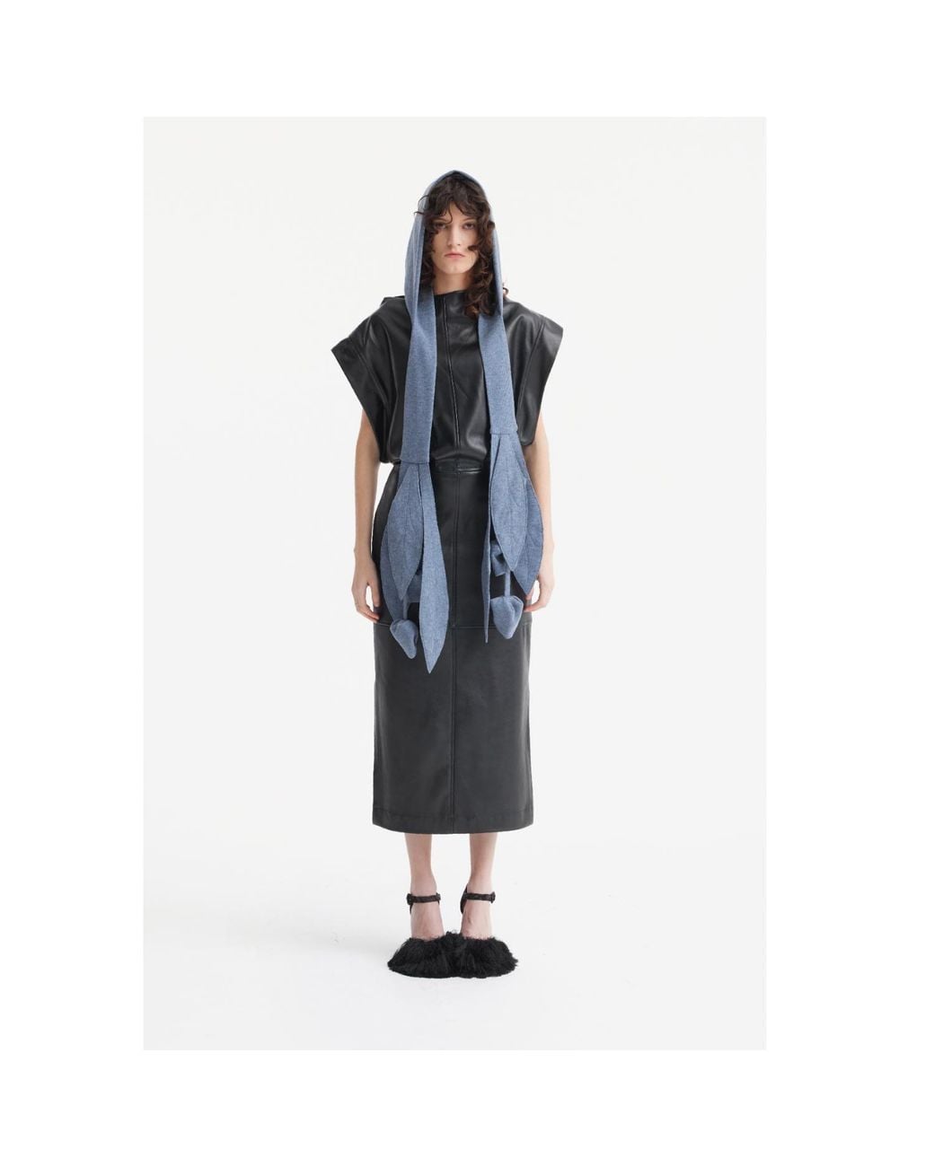 Julia Allert Blue Self-Tie Double Knit Wool Hooded Scarf